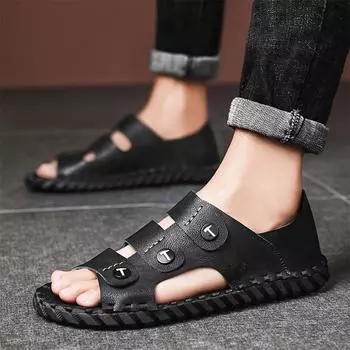 Summer hand stitching men s leather sandals trend Internet celebrity versatile sandals men s shoes 38 чёрный