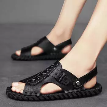 Summer hand stitching men s leather sandals trend Internet celebrity versatile sandals men s shoes 39 чёрный
