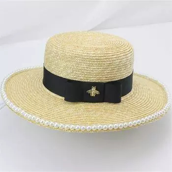 Summer Handmade Straw Pearl Brim Bee Bowknot Cord Lady Leisure Fedoras Cap Women Panama Jazz Hat head size 57cm
