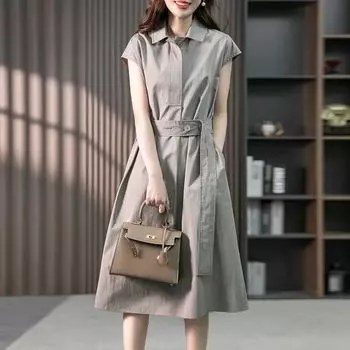 Summer Harajuku Elegant Fashion Solid Waist Lace Up Midi Dress Ladies Short Simple Temperament Robe Dresses Vestidos De Fiesta L серый