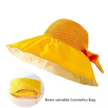 Summer Hat Female Broad-Brimmed Hat UV-Proof Fisherman Sun-Proof Sun-Proof Sun-Proof Face-Covering Fashion All-Match Big Brim Hat 8371 yellow Free size (Empty Top)