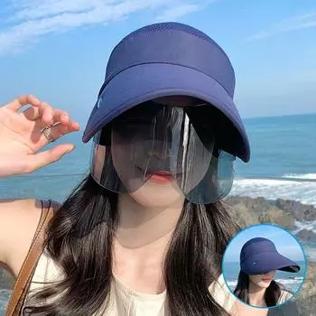 Summer Hat Ladies 2025 New Sunscreen Sun Hat with Lens Big Brim Topless Hat Face Mask Dark blue