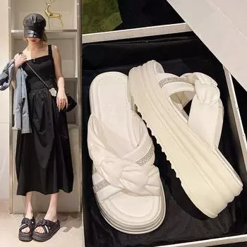 Summer Heels Slippers Women Casual Beach Slippers Fashion Embossed Pleated Slippers Outdoor Platform Slides Shoes Women Sandals 35 абрикосовый