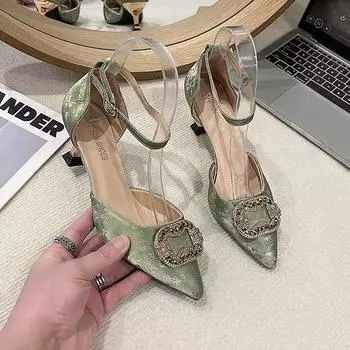 Летние босоножки на высоком каблуке для женщин, женская обувь с ремешком на пряжке, на высоком каблуке, для девочек, закрытые, модные, с острым носком, низкие, новые, комфортные, стилет 35