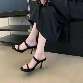 Summer high heels 9cm outer wear new thin heels imperial sister style versatile square head word with French high heels sandals women 35 чёрный