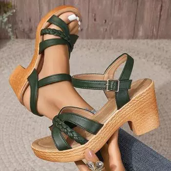 Summer High Heels Sandals Women’s Ankle Buckle Platform Sandals Woman Pu Leather Square Heel Classics Gladiator Sandalias Mujer 36 чёрный