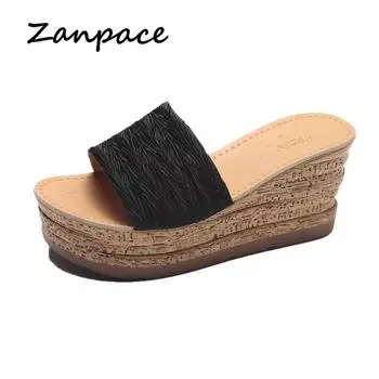 Summer High Heels Slippers Women Cotton Fabric Outside Thick Beach Shoes Solid Waterproof Simple High Wedges Sandals Slides 5 чёрный