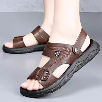 Summer High Quality Sandals Men s New Summer Dual Purpose Beach Shoes Anti-skid Leather Slippers Outdoor Waterproof Beach Shoes 39 чёрный