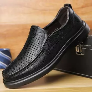 Summer hollow leather shoes men s breathable business casual leather sandals one pedal soft-soled middle-aged men s dad shoes 38 чёрный