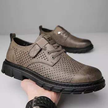 Summer Hollow Men Leather Shoes Breathable Sandals Fashion Hand-made Light Soft Breathable Men Casual Perforated Non-slip Formal 38 темные хаки