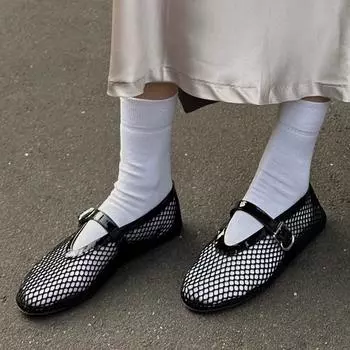 Summer Hollow Mesh Women Ballet Falts Shoes Round Toe Mary Jane Breathable Sandals 2025 Solid Color Buckle Strap Ladies Footwear 36 чёрный