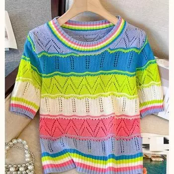 Summer Hollow Out Eyelet Rainbow Striped T-shirt Casual Crew Neck Short Sleeve T-shirt Women s Clothing Crop Top One Size разноцветный