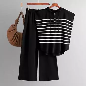 Summer Hooded Sleeveless Vest Fashion Set Loose Casual Striped Two-piece Set For Women OneSize чёрный