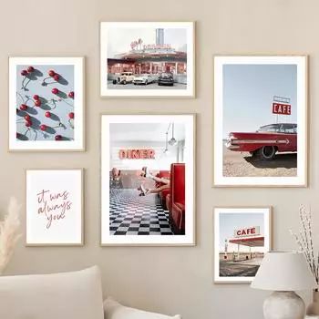 Summer Hot Red Vintage Car Cafe Club Cherry Nordic Posters And Prints Wall Art Canvas Painting Decoration Pictures Living Room 21x30cm No Framed