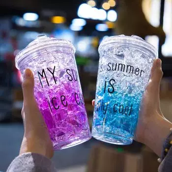 Summer Ice Cream Water Bottle With Straw Lid Double-layer Plastic Tumbler Portable Leakproof Outdoor Water Bottle BPA Free As show