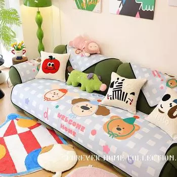 Summer Ice Silk Dopamine Sofa Cushion Cartoon Cute All Year Round Neutral Non-Slip Fabric Combination Gingham Seat Cushion Cover Towel Blue Plaid Dog [Summer Ice Silk]] Other dimensions