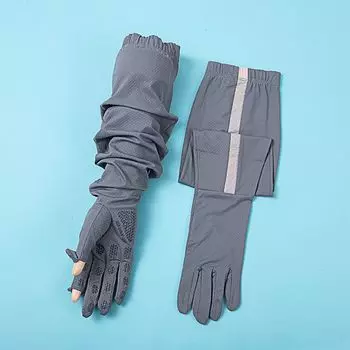 Summer Ice Silk Long Sun Protection Gloves Arm Guard Women s Non Slip Open Finger Touch Screen Anti-Slide Cycling and Driving Men s Oversleeves Ice silk Long stereo Stripes smoke ash One size