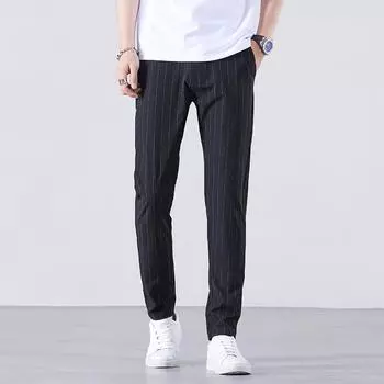 Summer Ice Silk Men s Striped Casual Pants New Korean Style Long Pants Men 28 чёрный