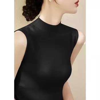 Summer Ice Silk Vest Fashion Half Turtleneck Silm Bottoming Women s New Arrival Lyocell Tencel Sleeveless Knitwear T-shirt Black [sleeveless high quality fabric]] M