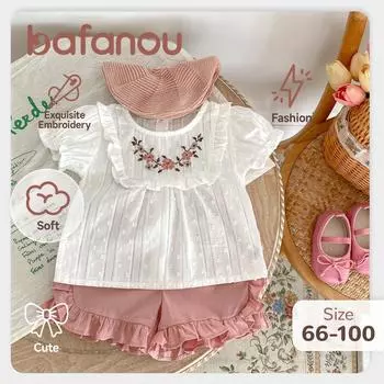 Summer infant clothes baby girl embroidered floral clothing sets newborn cotton tops shorts two-piece suit bafanou 66052 66cm(3-6M) белый/розовый
