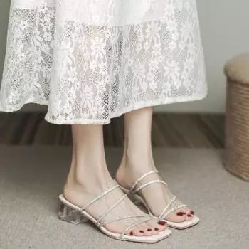 Summer Jewels Woman Slippers with Heel Shoes for Women 2024 Off White Slides Rhenstone Sandals Open Toe Crystals Wedding Sale I 35