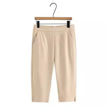 Summer K-style New Arrival Casual Thin Suit Pants Plus Size Ladies Elastic Waist Small Slit Elastic plus Size Slimming Cropped Pants Khaki 3XL Recommended 75.00 kg-85.00 kg