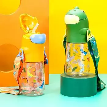 Summer Kids Plastic Cup Cute Cartoon Dinosaur Shape Pattern Portable Outdoor Large Capacity Bottled Water 560ml 501-600ml зелёный