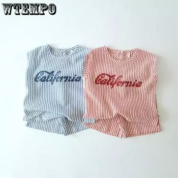 Летний детский спортивный костюм, детская полосатая футболка с короткими рукавами и принтом в виде букв + шорты, комплект из 2 предметов, детский повседневный топ, комплект из хлопковых футболок для младенцев 80 синий