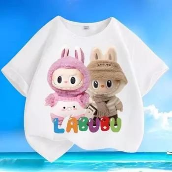 Summer Labubu Cute Boys and Girls Round-neck Casual Loose T-shirts, Children s Tops, Pure Cotton Short-sleeved Shirts 100
