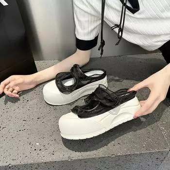 Summer lace bag head half slippers women s hollow thick bottom Velcro heightening casual cool slippers outer wear 35 чёрный