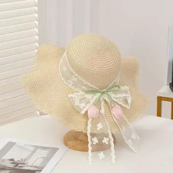Summer Lace Light Tulip Straw Hat Lace Bows Sun Protection Sun Hat French Pastoral Style Seaside Hat Beige