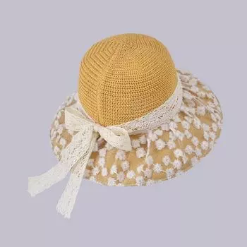 Summer Lace Strap Bow Fisherman Hat Little Daisy Sun Hat Outdoor All-Matching Beach Enlarged Brim Sun Hat 8847-turmeric