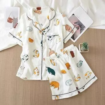 Летняя женская новая пижама из двух частей, хлопковая марля, тонкие шорты с короткими рукавами, милый комплект для домашнего обихода с изображением кота для женщин M розовый