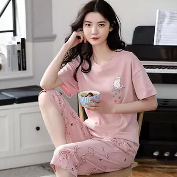Summer Ladies Pajamas Loungewear Set Women s Summer Short Sleeve Cropped Pants Loungewear Thin Korean Casual Two-Piece Set M