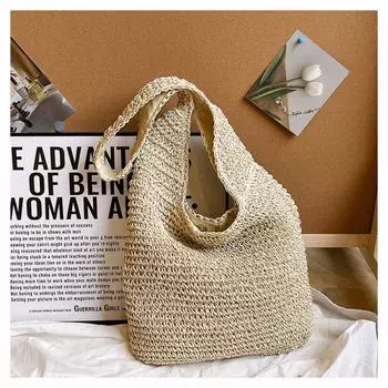 Summer large-capacity commuter straw bag woven bag women s new shoulder oblique span tote bag покинуть белый