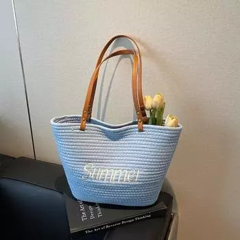 Summer large-capacity woven new simple casual beach bag trendy versatile shoulder tote women s bag синий