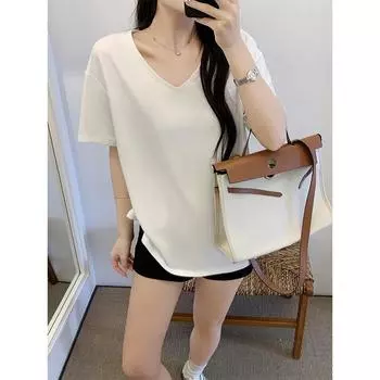 Летняя футболка с большим вырезом, обнажающим ключицы, pure desire, с короткими рукавами и V-образным вырезом, женская свободная облегающая футболка с короткими рукавами S