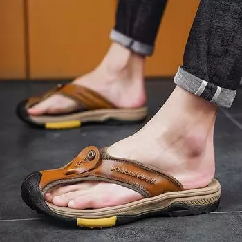 Summer large size new handmade first-layer cowhide herringbone casual slippers 38 чёрный