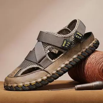 Summer large size sandals men s outer wear hand-sewn bag head sandals fashion hollow breathable mesh sand Shoes 38 чёрный