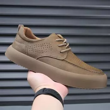 Summer leather breathable men s shoes 2025 new versatile trend thick sole hollow hole casual leather shoes men s board shoes 38