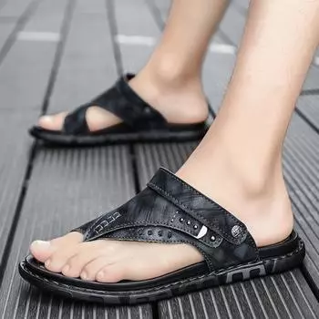 Summer Leather Sandals Men s Waterproof and Non-slip Two Wear 2025 New Flip-flops Dad Casual Soft-soled Beach Shoes 38