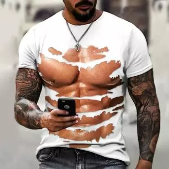 Summer Leisure Funny Chest Muscle Pattern Men s T-shirt Hip Hop 3D Print Personality Tees Round Neck Short Sleeve Tops S