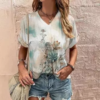 Summer Leisure Plant Print Elegant V-neck Short Sleeved Women s Commuting Shirt S
