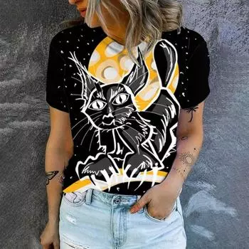 Футболка для летнего отдыха, женская футболка с принтом в виде мультяшного кота, модная футболка с принтом, элегантная женская футболка с короткими рукавами S