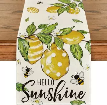 Summer Lemon Bee Leaves Hello Sunshine Linen Table Runner Seasonal Spring Kitchen Dining Table Decor Holiday Wedding Party Decor 150x33cm 59x13inch