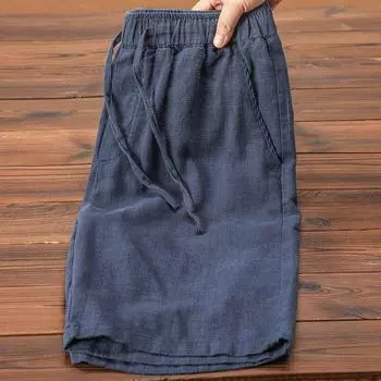 Summer Lightweight Breathable Shorts Solid Color Simple Elastic Drawstring Hemp Cotton Beach Casual Loose Five Quarter Pants for Men L
