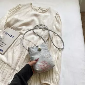 Summer Lightweight New Chinese Style Mini Bag Women 2025 New Super Popular Fashion Embroidered Messenger Bag Mobile Phone Bag Gray