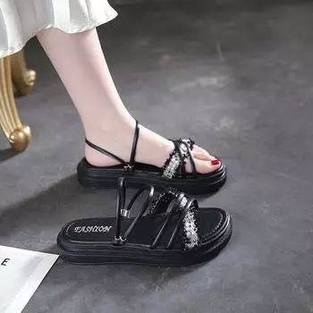 Summer Lightweight Women Flat Sandals Fashion Bandage Slip-on Slippers Beach Open-toe Soft Sandalias Girl Student Slide De Mujer 35