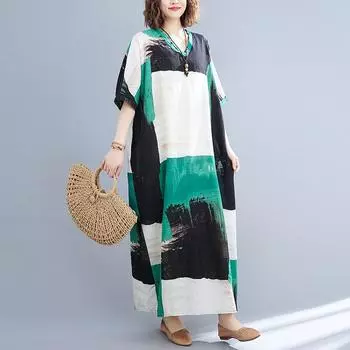 Summer Literature Plus Loose Cotton Linen Print V-neck Short Sleeved Dress for Women One Size зелёный