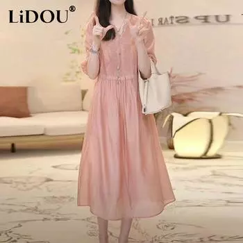 Summer Loose Casual Embroidery 3/4 Sleeve Robe Femme Literary Vintage Solid Color Comfortable Dress Women Midi Vestidos L розовый